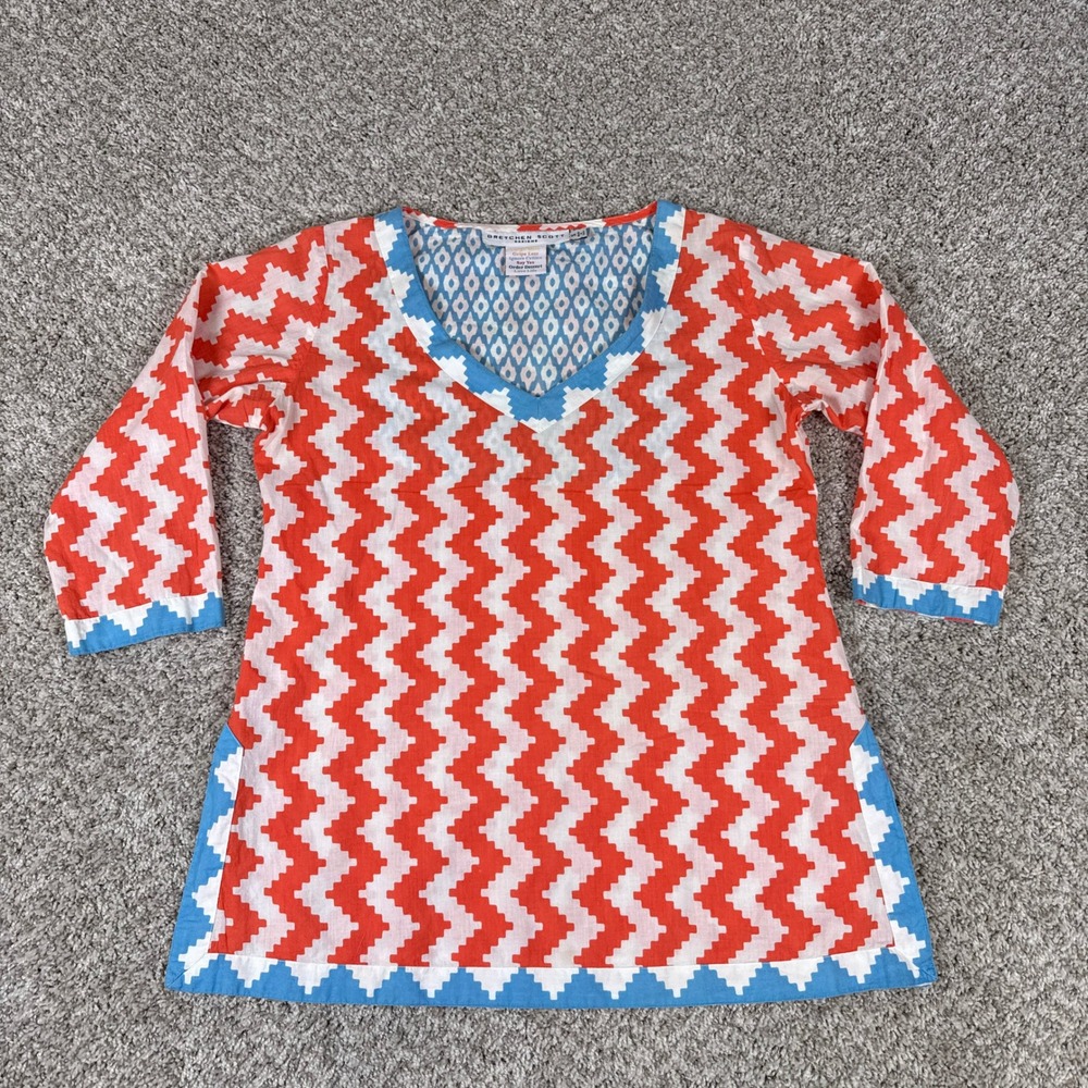Gretchen Scott Tunic Top Womens Small Orange‎ Blue Chevron Zigzag V-Neck Cotton
